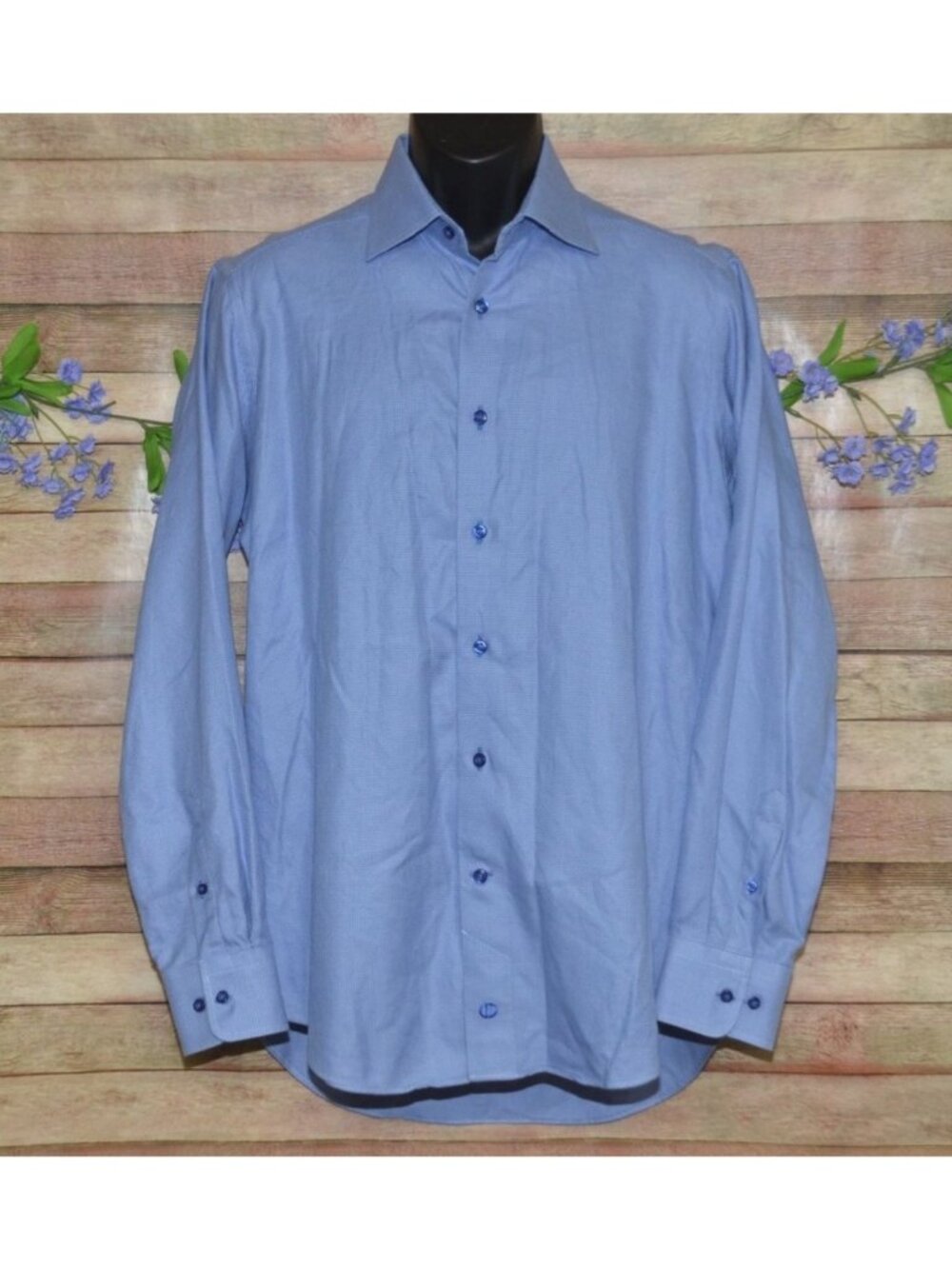 David Donahue Dress Shirt Mens 16 34/35 Blue Print Slim Fit Long Sleeve Cotton